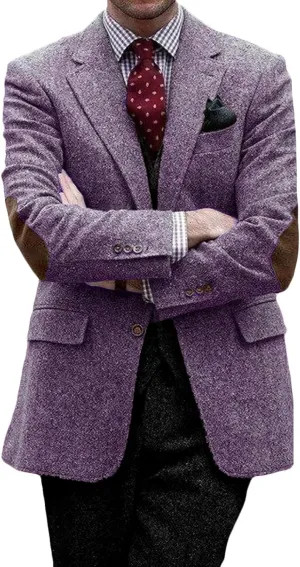 VENNYNG Mens Suit Jacket Single Breasted Vintage Short Trench Coat Blazer with Brown Elbow Patches