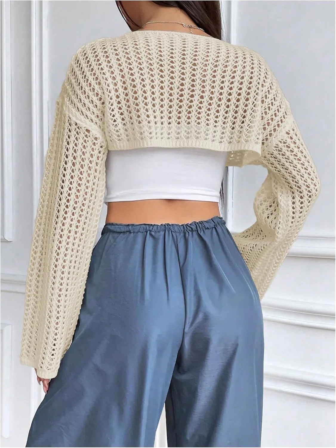 Verdusa Women's Hollow Out Knit Drop Shoulder Crop Sweater Pullover Top