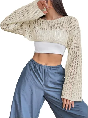 Verdusa Women's Hollow Out Knit Drop Shoulder Crop Sweater Pullover Top