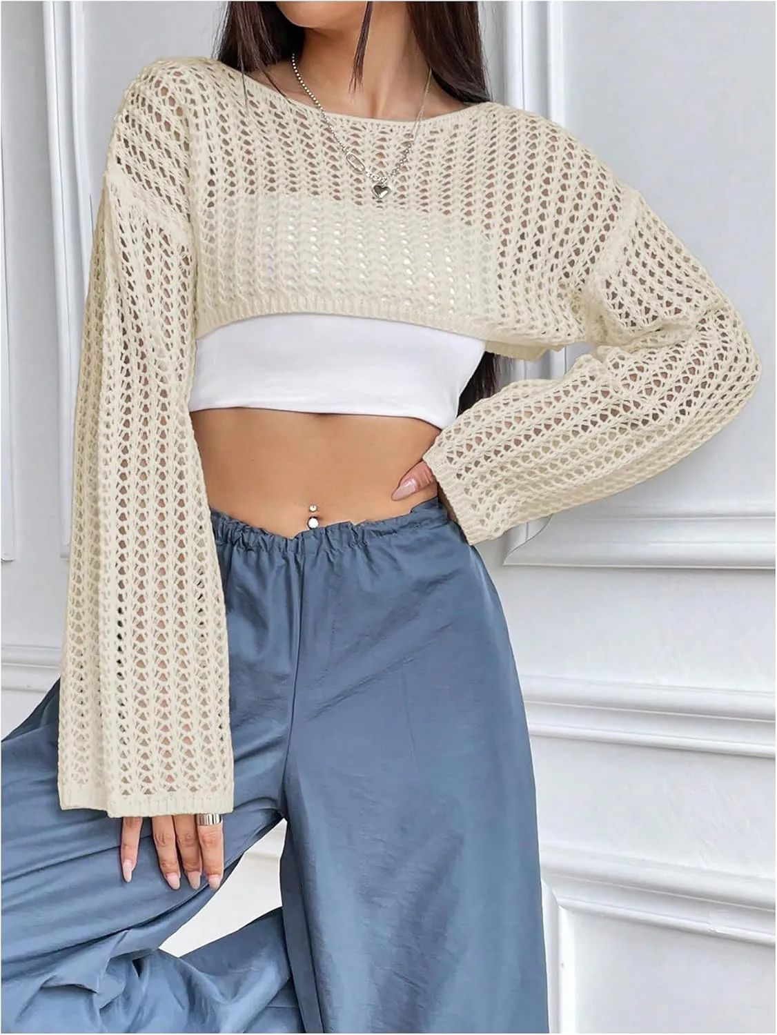 Verdusa Women's Hollow Out Knit Drop Shoulder Crop Sweater Pullover Top