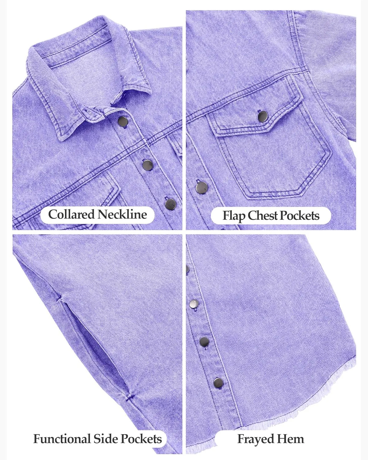 Vetinee Womens Oversized Button Up Frayed Hem Shacket Long Sleeve Pockets Denim Jean Jacket