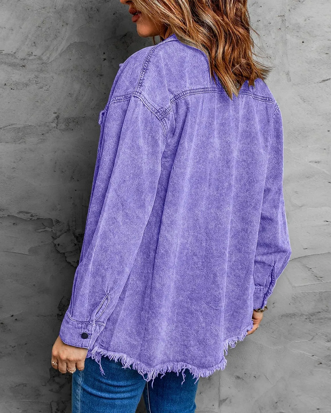 Vetinee Womens Oversized Button Up Frayed Hem Shacket Long Sleeve Pockets Denim Jean Jacket