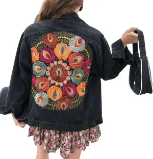 Vintage Oversized Multi Floral Embroidered Denim Jacket Women Cowboy Long Sleeve Lapel Casual Denim Streetwear Outwear