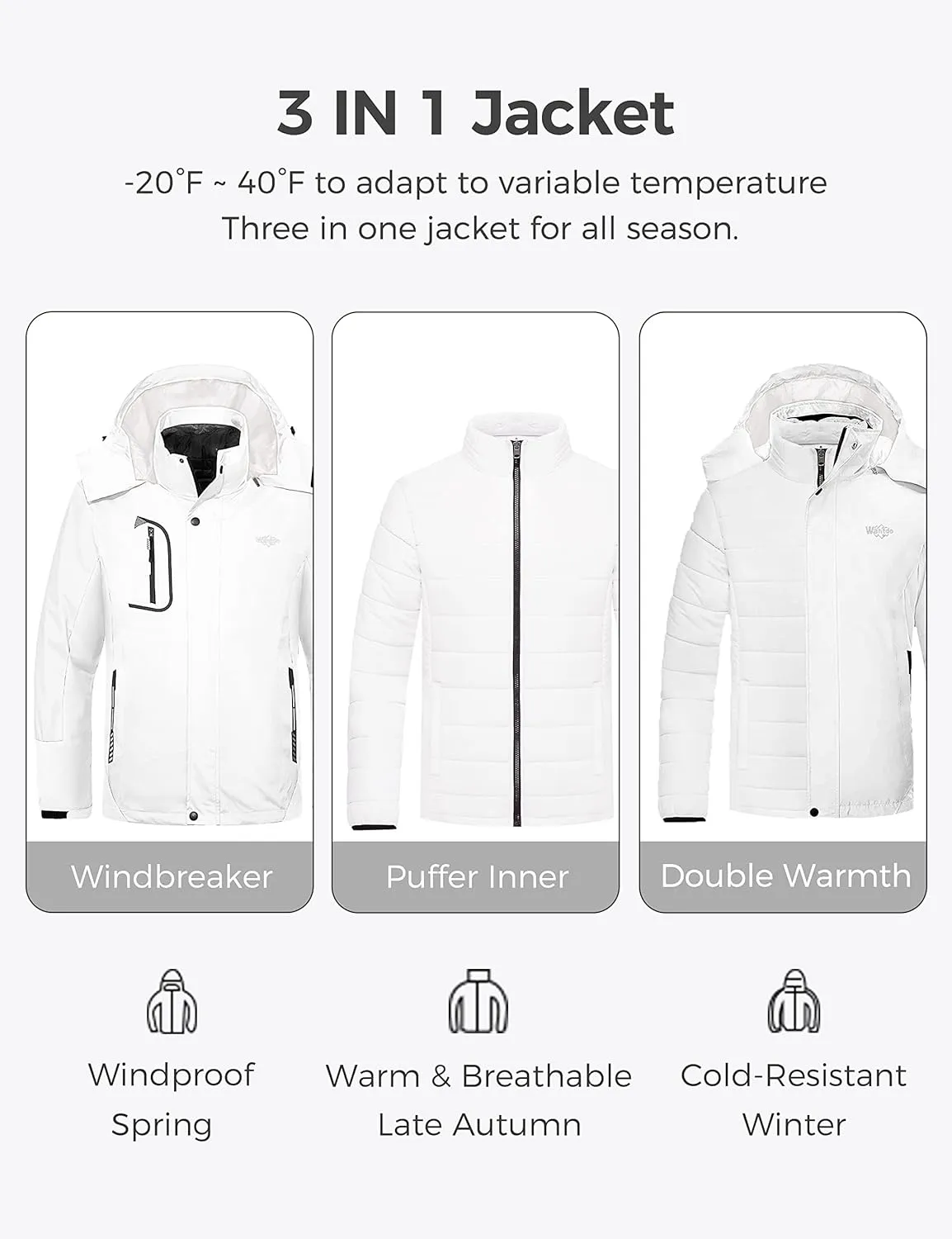 wantdo Men's 3 in 1 Waterproof Ski Jacket Warm Winter Snow Coat Puffer Rain Jacket