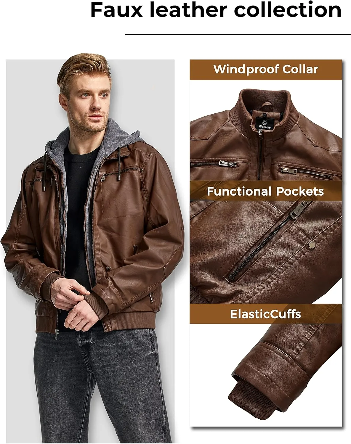 wantdo Men's Faux Leather Jacket with Removable Hood Motorcycle Jacket Casual Warm Winter Coat
