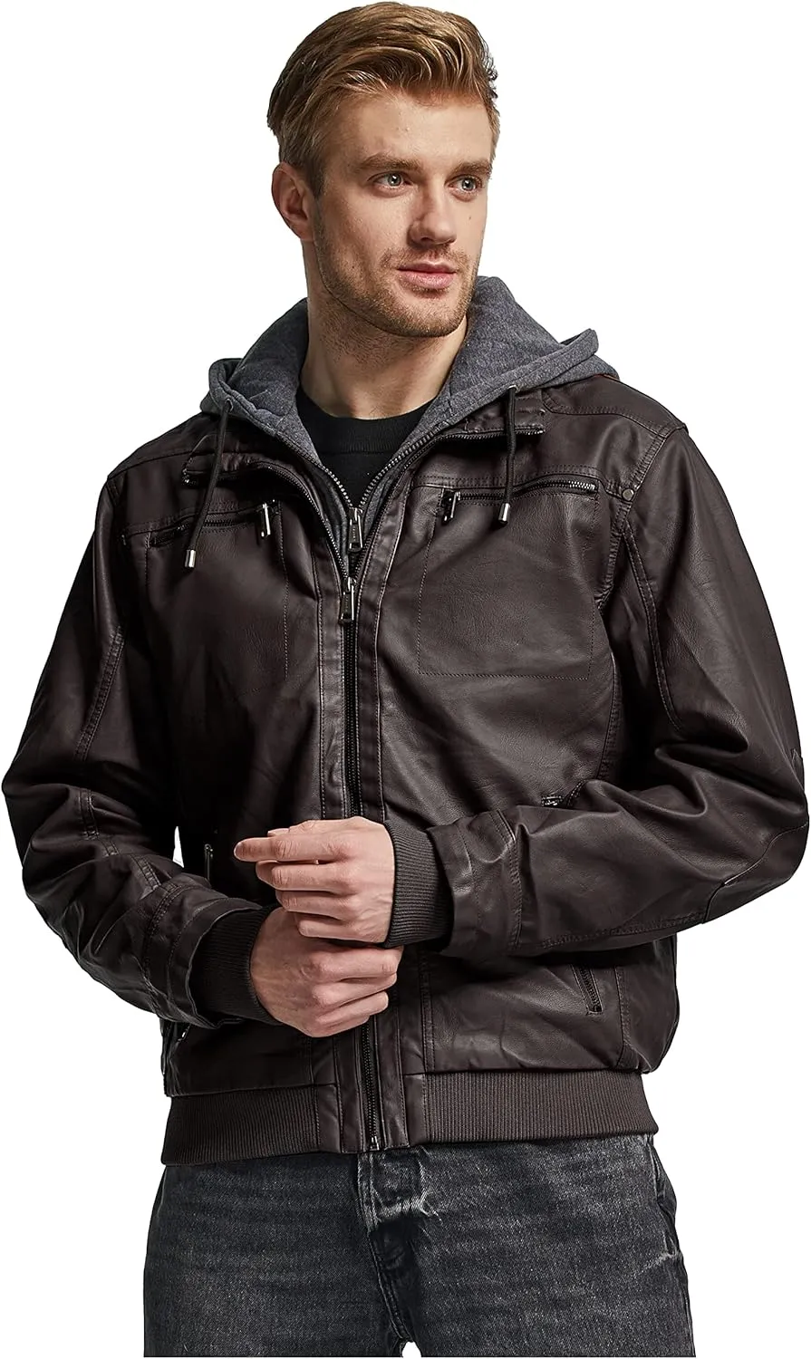 wantdo Men's Faux Leather Jacket with Removable Hood Motorcycle Jacket Casual Warm Winter Coat