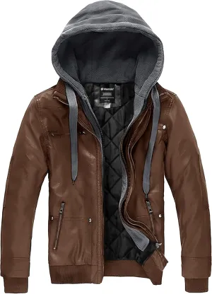 wantdo Men's Faux Leather Jacket with Removable Hood Motorcycle Jacket Casual Warm Winter Coat