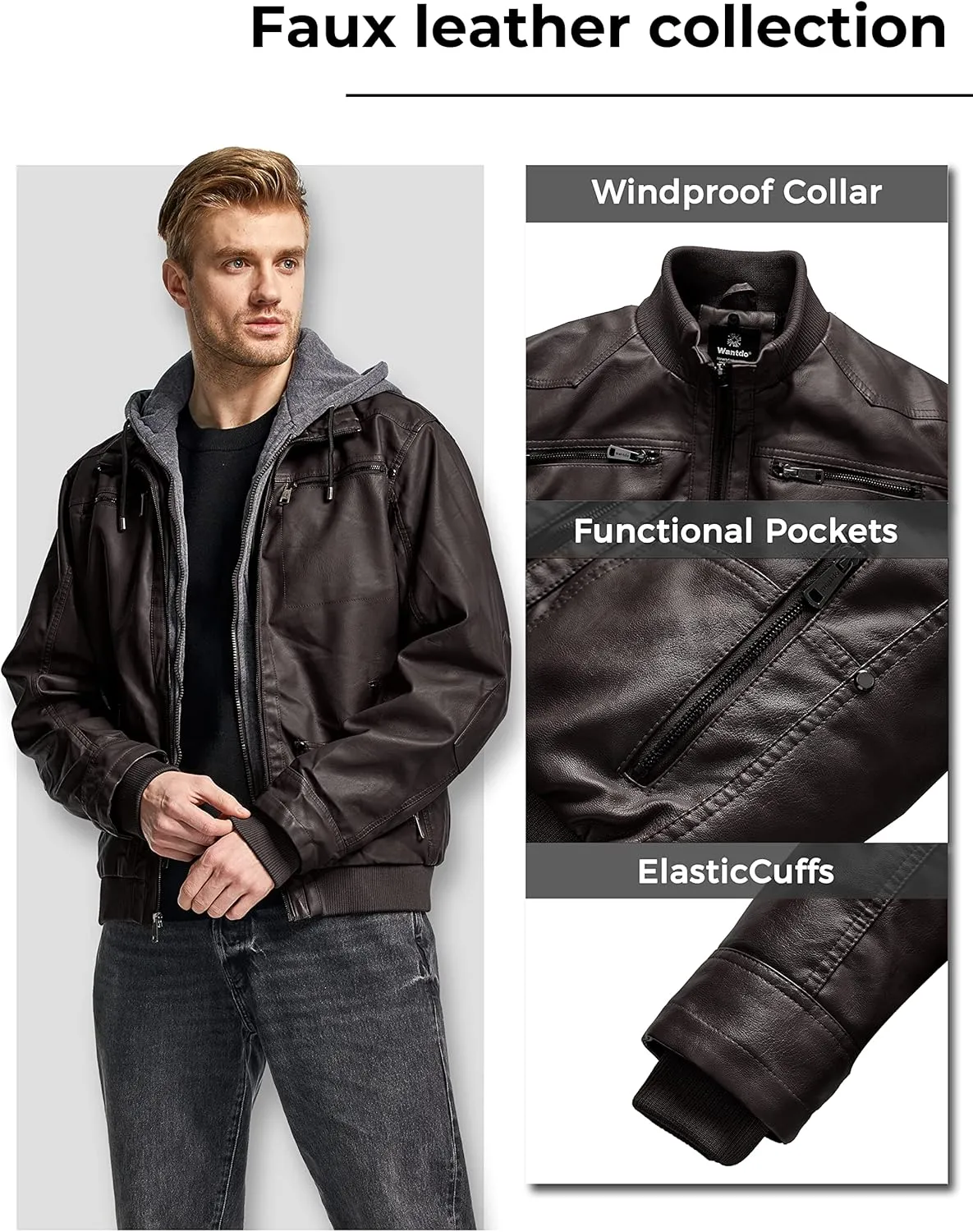 wantdo Men's Faux Leather Jacket with Removable Hood Motorcycle Jacket Casual Warm Winter Coat