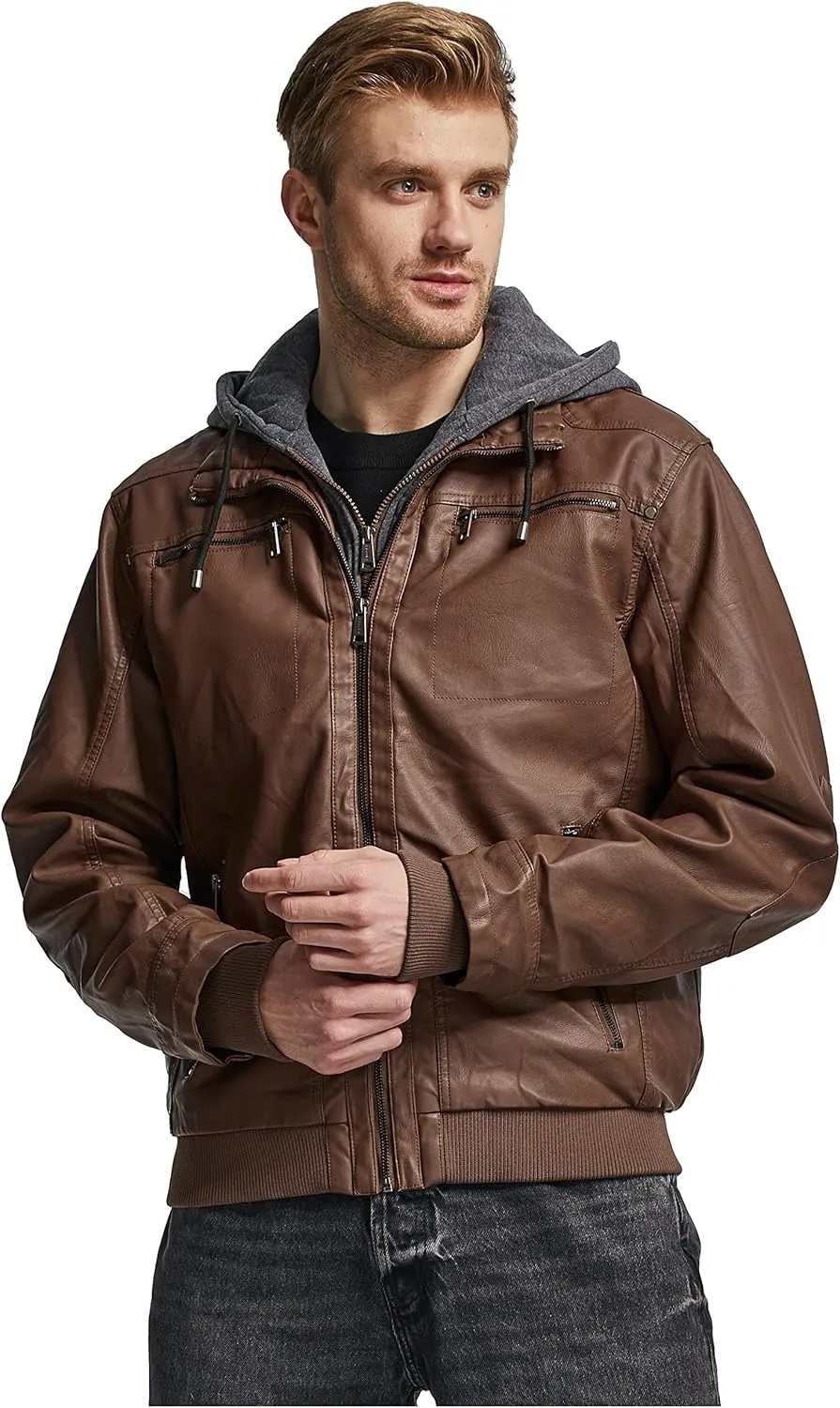 wantdo Men's Faux Leather Jacket with Removable Hood Motorcycle Jacket Casual Warm Winter Coat
