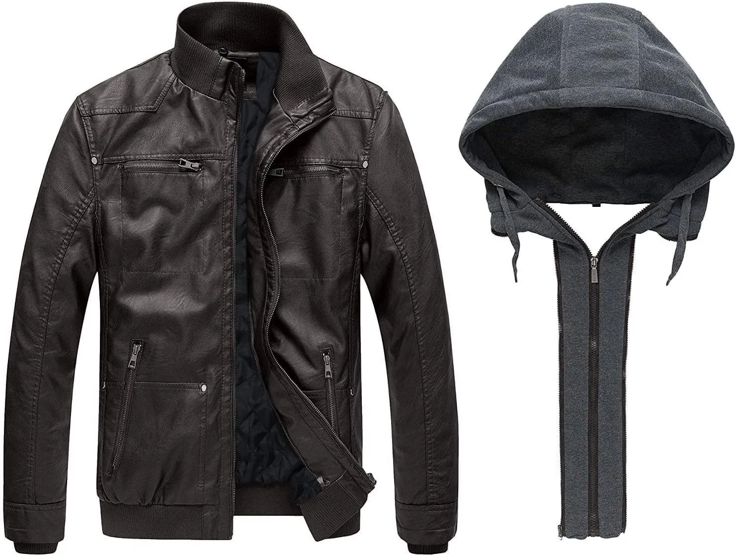 wantdo Men's Faux Leather Jacket with Removable Hood Motorcycle Jacket Casual Warm Winter Coat