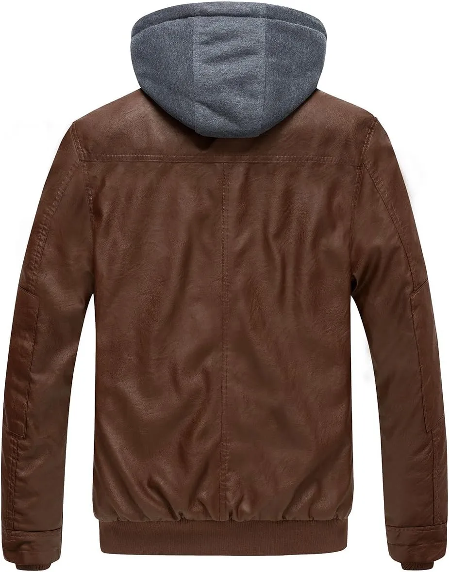 wantdo Men's Faux Leather Jacket with Removable Hood Motorcycle Jacket Casual Warm Winter Coat