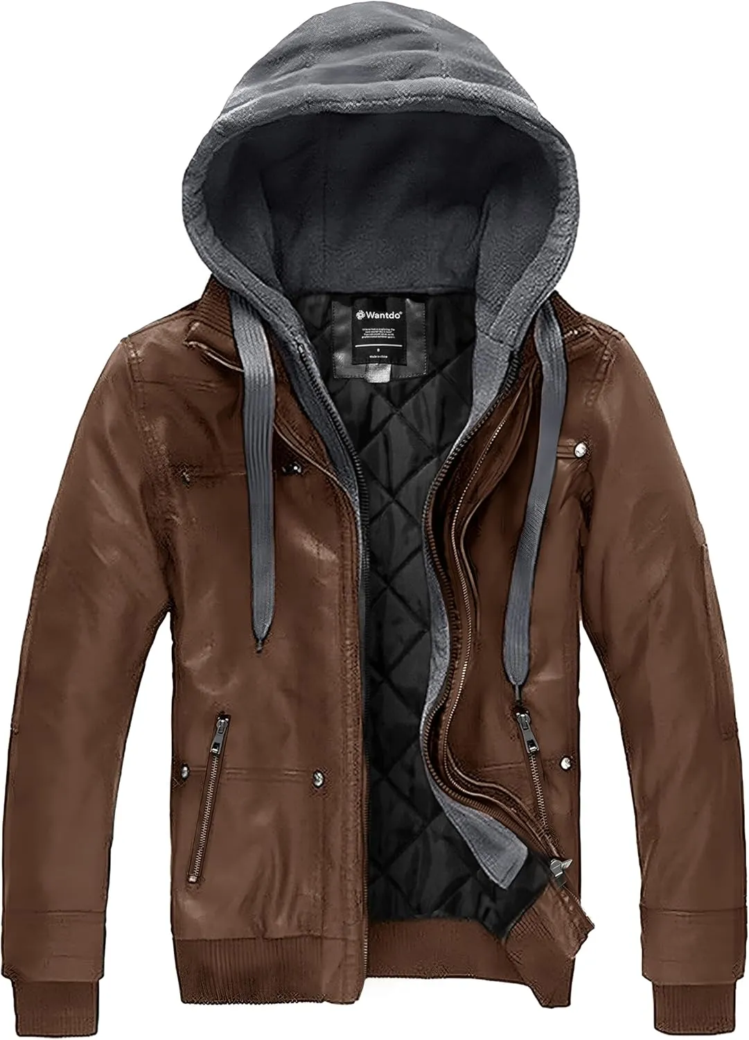 wantdo Men's Faux Leather Jacket with Removable Hood Motorcycle Jacket Casual Warm Winter Coat