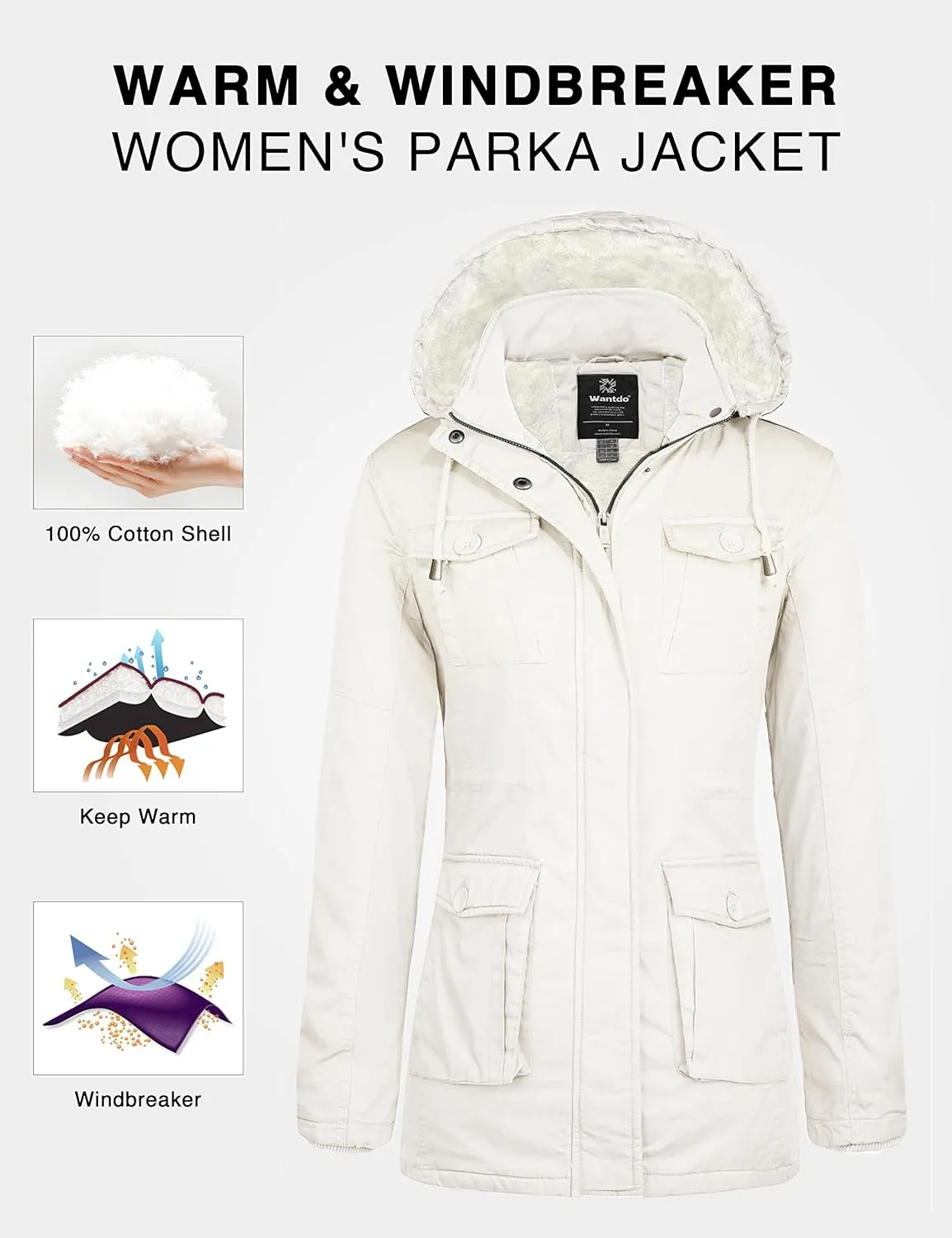 wantdo Women's Winter Parka Coat Sherpa Lined Warm Cotton Jacket with Removable Hood