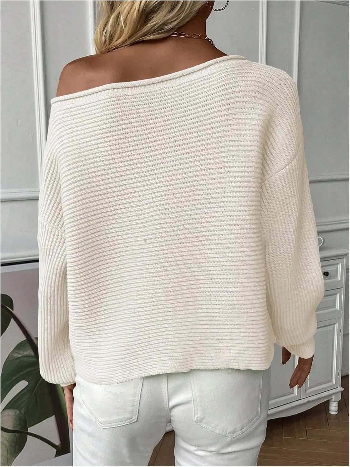WDIRARA Women's One Shoulder Long Sleeve Oversized Sweater Asymmetrical Pullover Knit Top