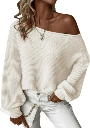 WDIRARA Women's One Shoulder Long Sleeve Oversized Sweater Asymmetrical Pullover Knit Top