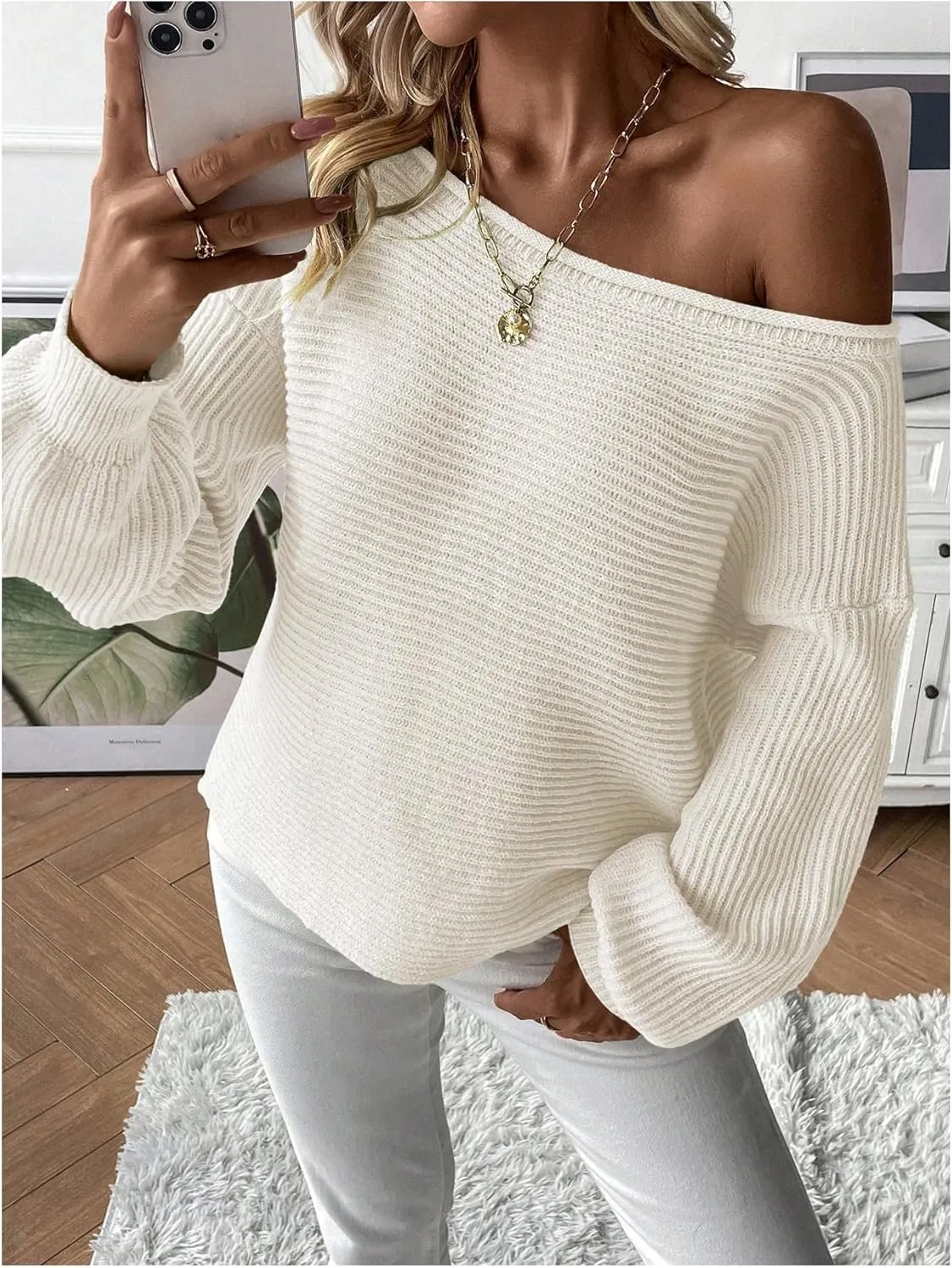 WDIRARA Women's One Shoulder Long Sleeve Oversized Sweater Asymmetrical Pullover Knit Top