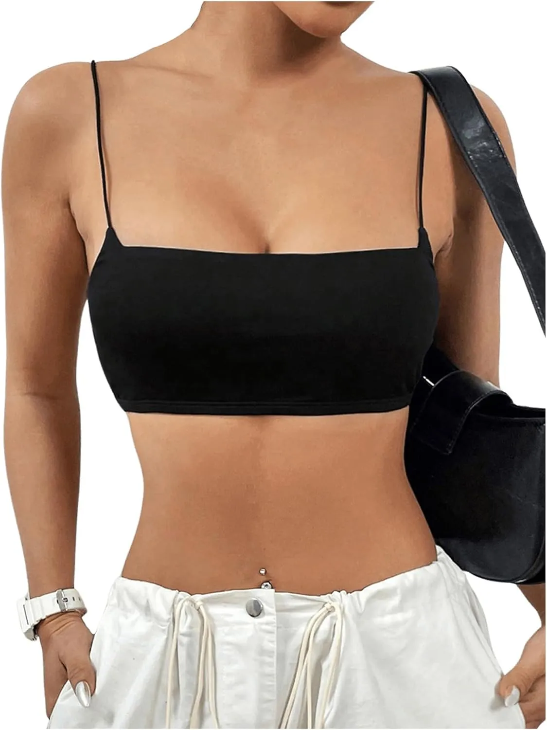 WDIRARA Women's Sleeveless Solid Crop Cami Top Spaghetti Strap Slim Summer Camisole