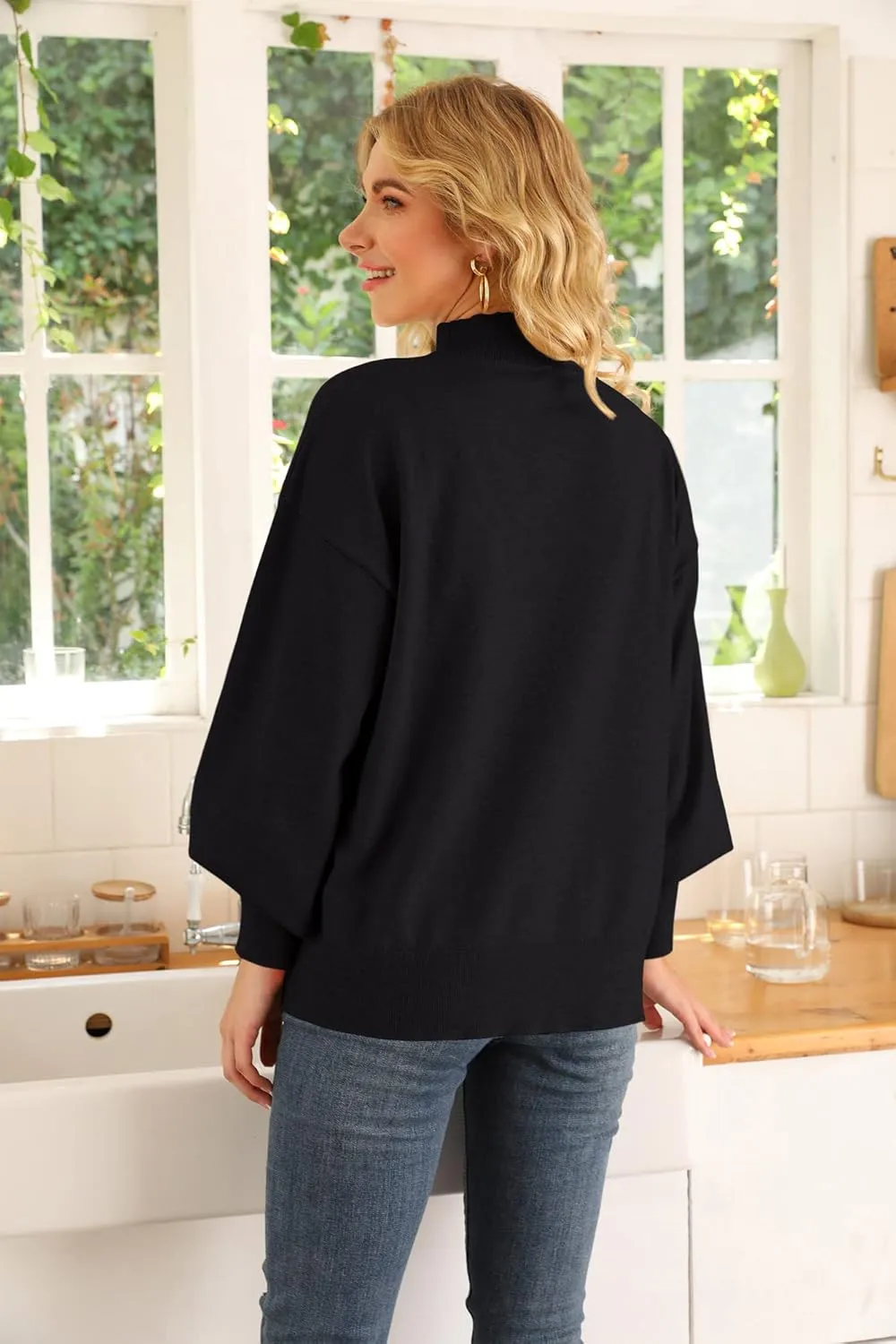 WEACZZY Women's 2025 Fall Fashion Casual Sweaters Mock Neck Long Lantern Sleeve Lightweight Knit Pullover Sweater Tops