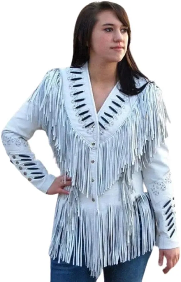 Western Genuine Cowhide Leather Jacket Women Cow-lady Native American Beaded & Fringe Cowgirl Jacket Tassels