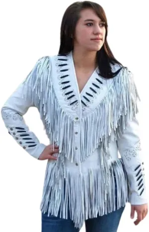 Western Genuine Cowhide Leather Jacket Women Cow-lady Native American Beaded & Fringe Cowgirl Jacket Tassels