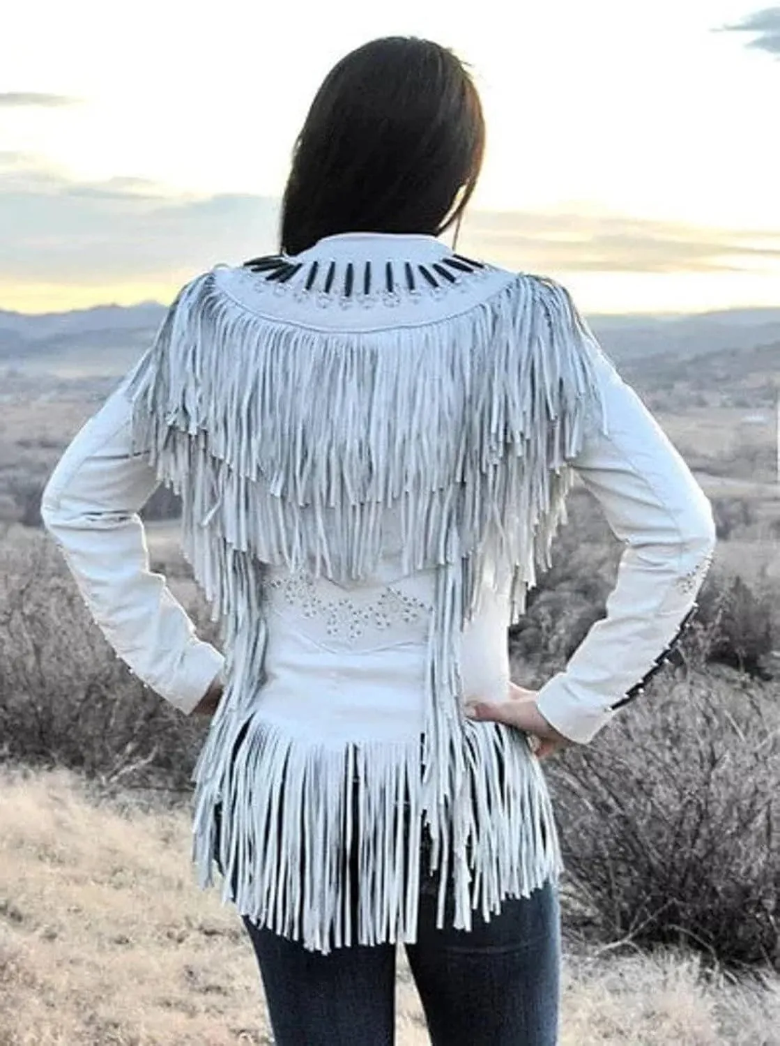Western Genuine Cowhide Leather Jacket Women Cow-lady Native American Beaded & Fringe Cowgirl Jacket Tassels
