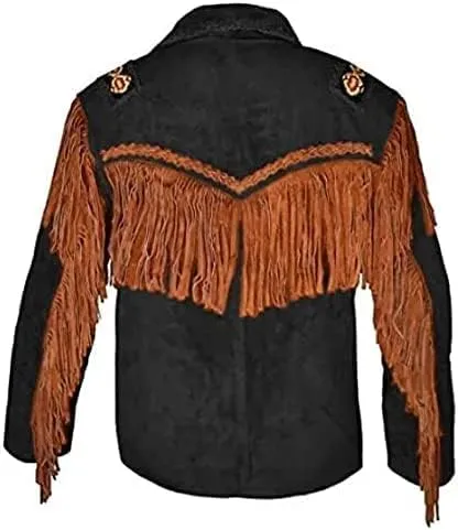 Western Genuine Suede Leather Jacket Men Native American Beaded Tassel Top Brown Fringe Cowboy Jacket for Sale