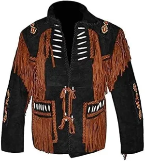 Western Genuine Suede Leather Jacket Men Native American Beaded Tassel Top Brown Fringe Cowboy Jacket for Sale