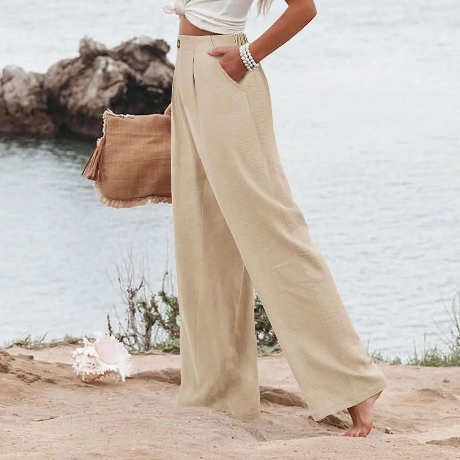 Wide Leg Dress Pants for Women Business Casual Elastic Waist Comfy Work Pants Baggy Lounge Pants Trousers with Pocket