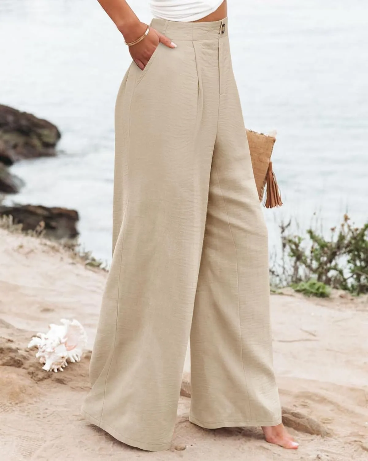 Wide Leg Dress Pants for Women Business Casual Elastic Waist Comfy Work Pants Baggy Lounge Pants Trousers with Pocket
