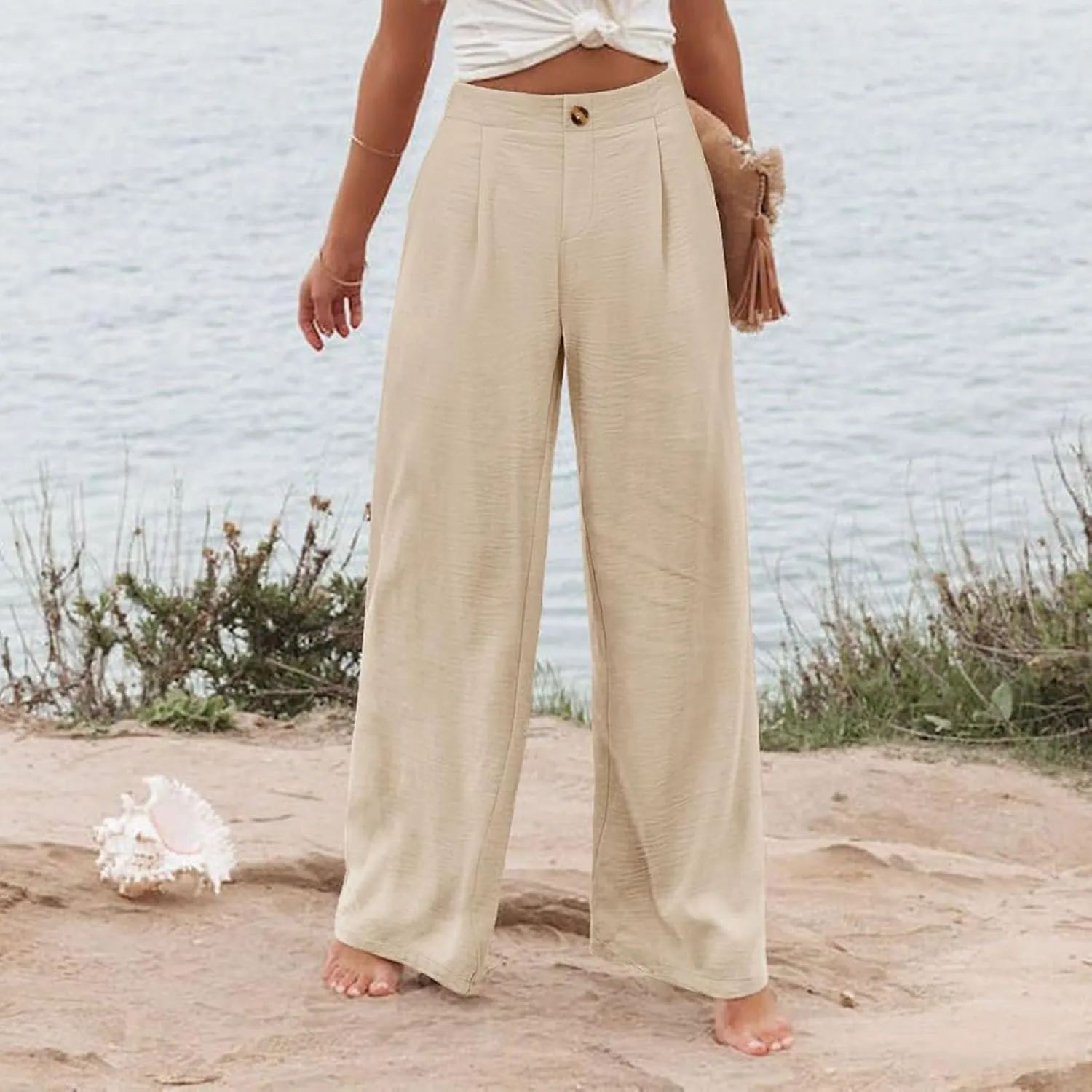 Wide Leg Dress Pants for Women Business Casual Elastic Waist Comfy Work Pants Baggy Lounge Pants Trousers with Pocket