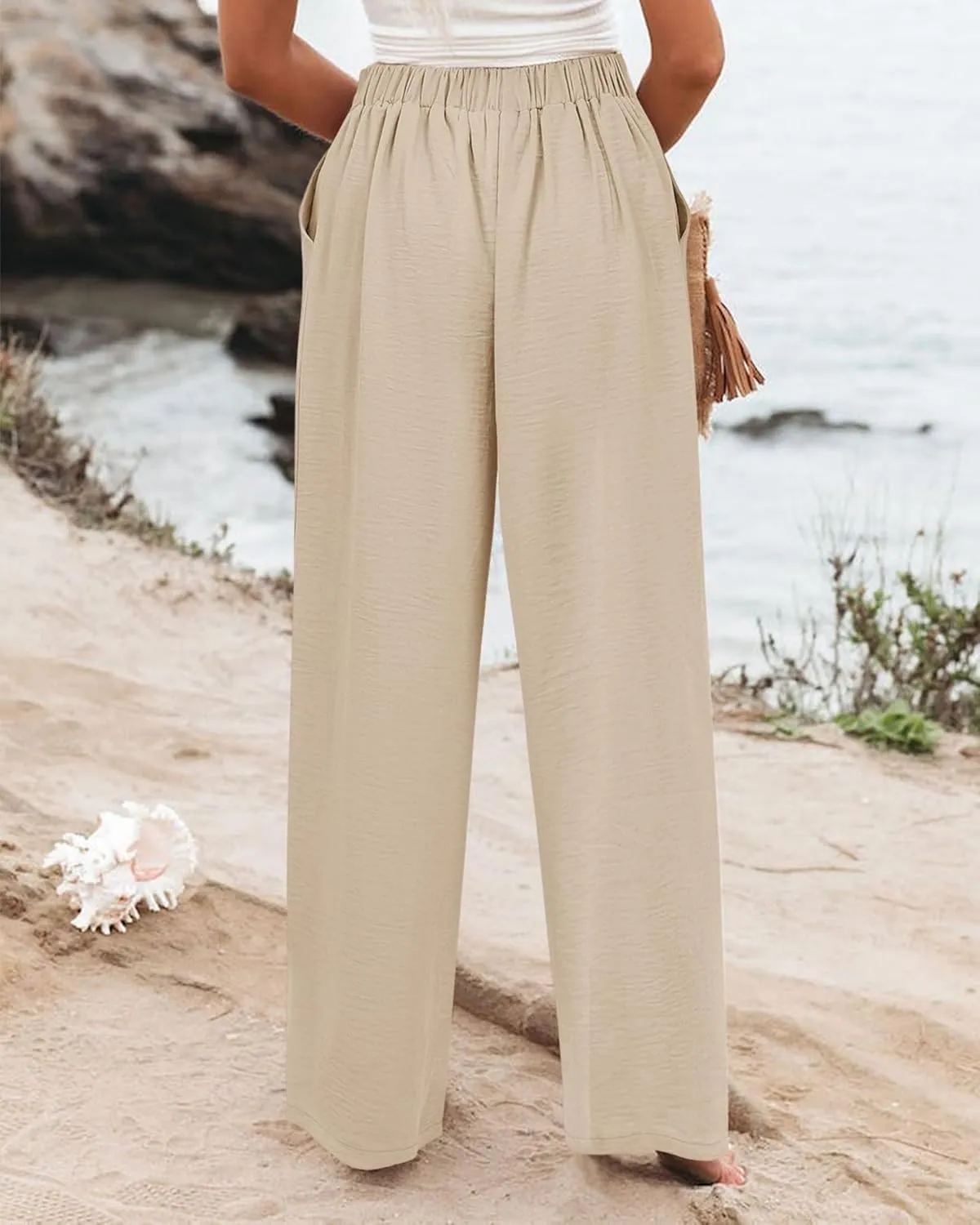 Wide Leg Dress Pants for Women Business Casual Elastic Waist Comfy Work Pants Baggy Lounge Pants Trousers with Pocket