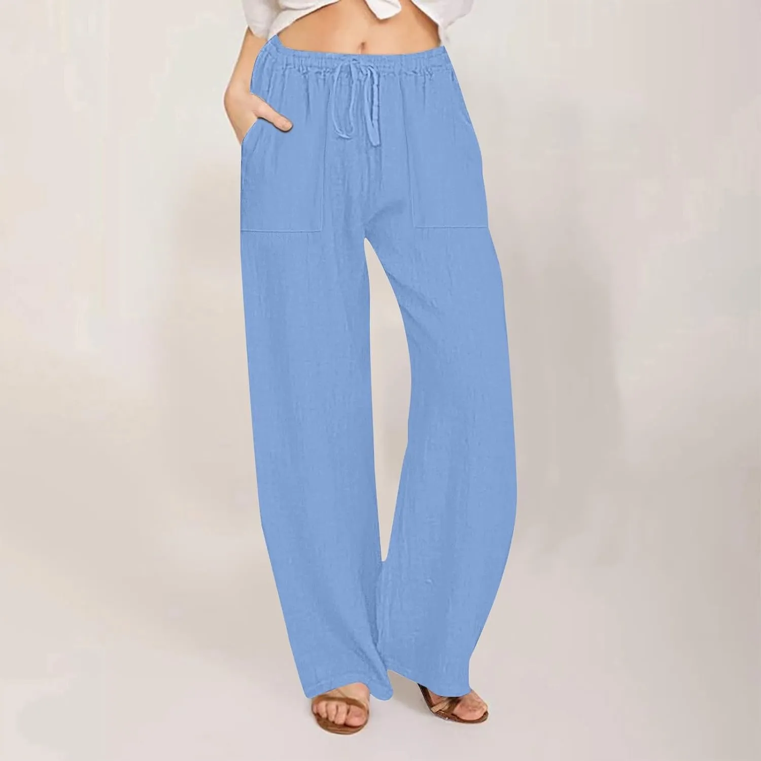 Wide Leg Linen Pants Women Summer Elastic High Waisted Lounge Pants Beach Trouser with Pockets Casual Slacks Clothes