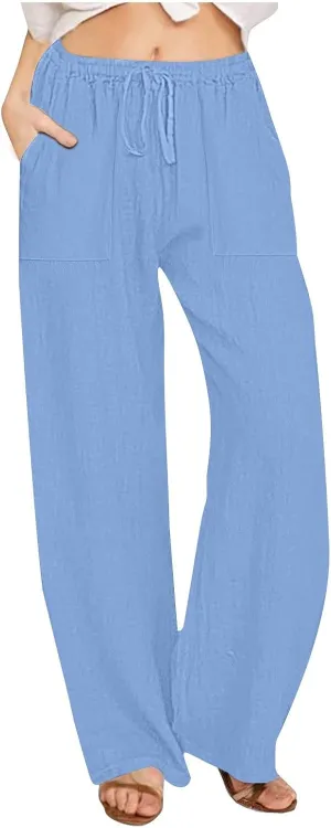 Wide Leg Linen Pants Women Summer Elastic High Waisted Lounge Pants Beach Trouser with Pockets Casual Slacks Clothes