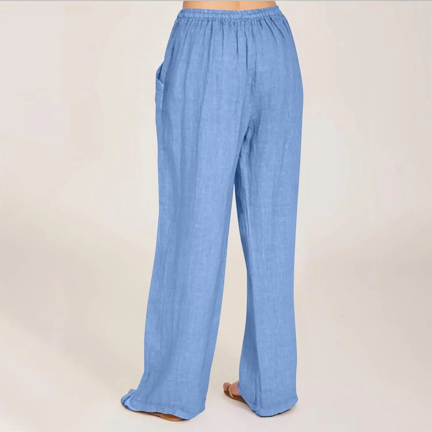 Wide Leg Linen Pants Women Summer Elastic High Waisted Lounge Pants Beach Trouser with Pockets Casual Slacks Clothes