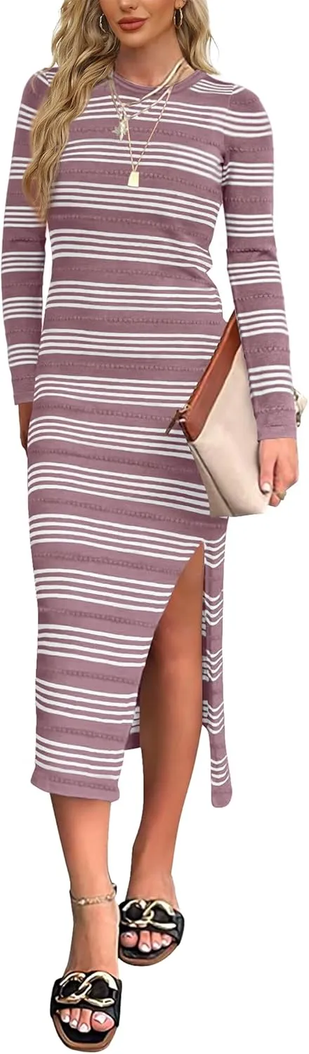 WIHOLL Womens Lightweight Knit Spring Sweater Dress Long Sleeve Fitted Side Slit Soft Dresses 2025