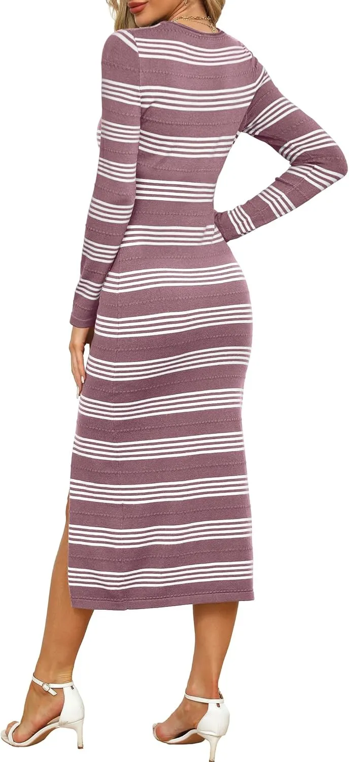 WIHOLL Womens Lightweight Knit Spring Sweater Dress Long Sleeve Fitted Side Slit Soft Dresses 2025