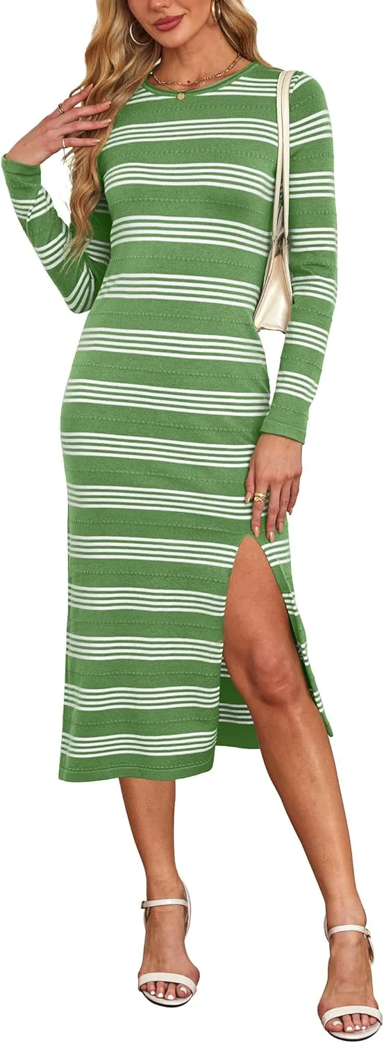 WIHOLL Womens Lightweight Knit Spring Sweater Dress Long Sleeve Fitted Side Slit Soft Dresses 2025