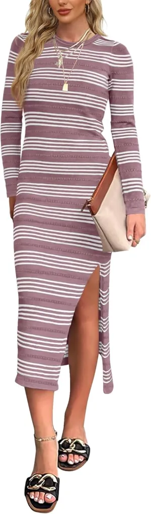 WIHOLL Womens Lightweight Knit Spring Sweater Dress Long Sleeve Fitted Side Slit Soft Dresses 2025