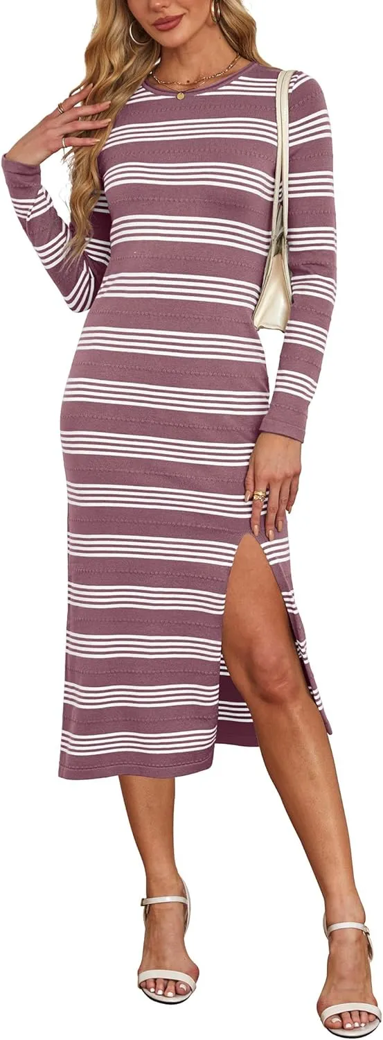WIHOLL Womens Lightweight Knit Spring Sweater Dress Long Sleeve Fitted Side Slit Soft Dresses 2025