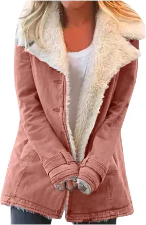 Winter Coat for Women 2023 Sherpa Lined Denim Coat Button Down Long Sleeve Lapel Collar Jacket Outerwear with Pockets