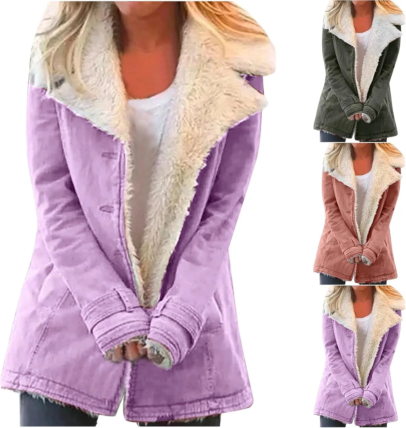 Winter Coat for Women 2023 Sherpa Lined Denim Coat Button Down Long Sleeve Lapel Collar Jacket Outerwear with Pockets