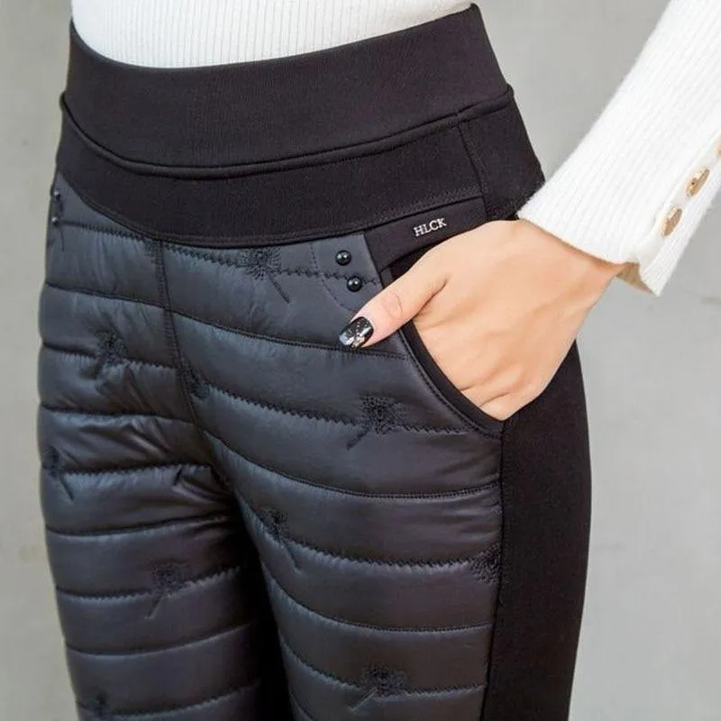 Winter Snow Ski Trousers Woman Thick Fashion Embroidery Straight Pants Down Cotton Velvet Trousers Sweatpants.