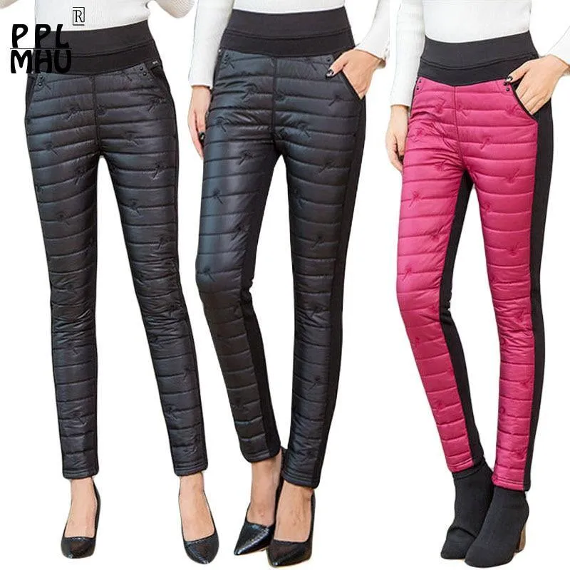 Winter Snow Ski Trousers Woman Thick Fashion Embroidery Straight Pants Down Cotton Velvet Trousers Sweatpants.