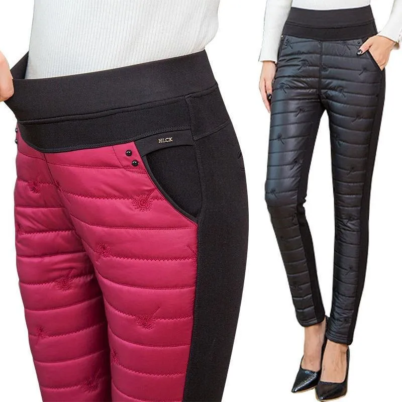 Winter Snow Ski Trousers Woman Thick Fashion Embroidery Straight Pants Down Cotton Velvet Trousers Sweatpants.