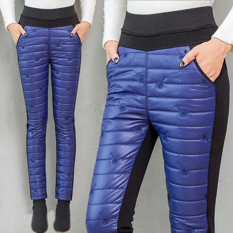 Winter Snow Ski Trousers Woman Thick Fashion Embroidery Straight Pants Down Cotton Velvet Trousers Sweatpants.