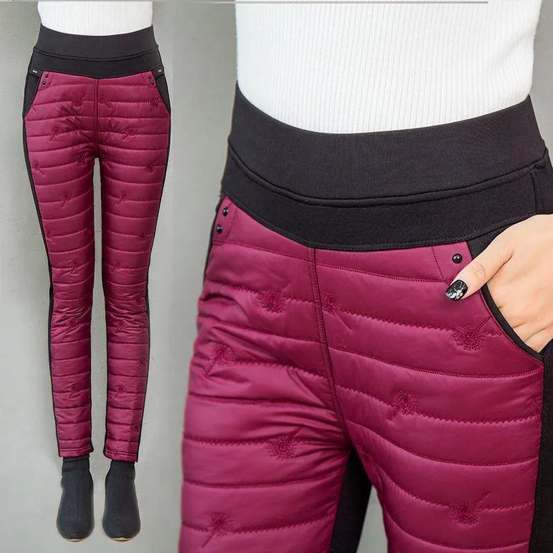 Winter Snow Ski Trousers Woman Thick Fashion Embroidery Straight Pants Down Cotton Velvet Trousers Sweatpants.