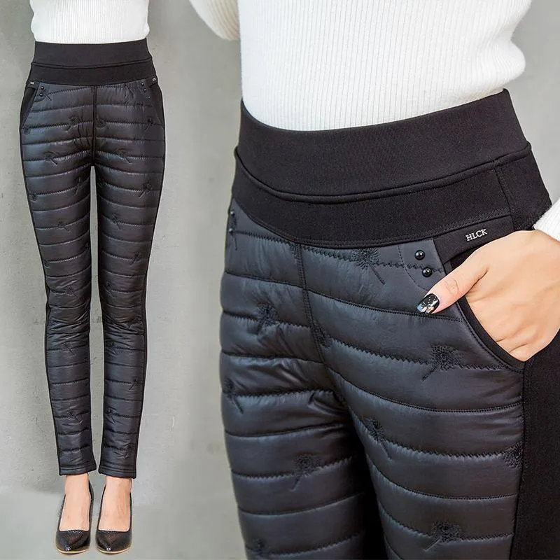 Winter Snow Ski Trousers Woman Thick Fashion Embroidery Straight Pants Down Cotton Velvet Trousers Sweatpants.