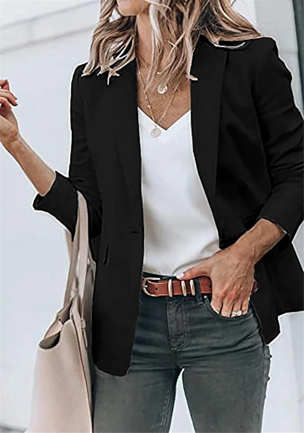 WIWIQS Women's Long Sleeve Open Front Blazer Lapel Work Office Casual Suit Solid Color Comfy Blazers