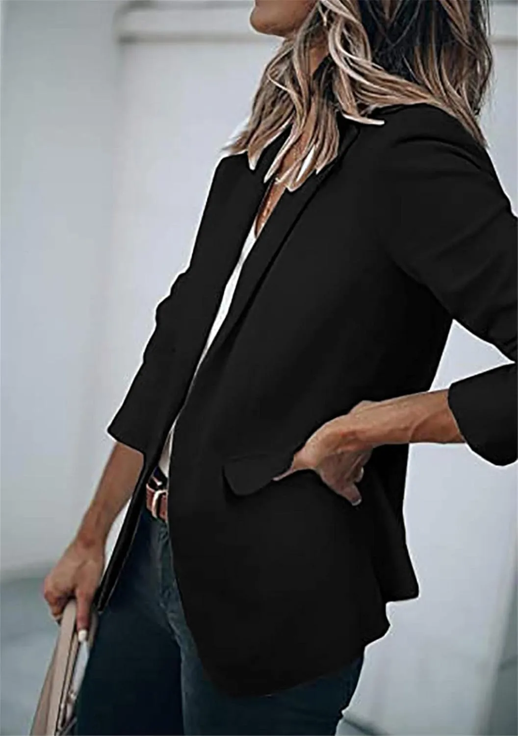 WIWIQS Women's Long Sleeve Open Front Blazer Lapel Work Office Casual Suit Solid Color Comfy Blazers