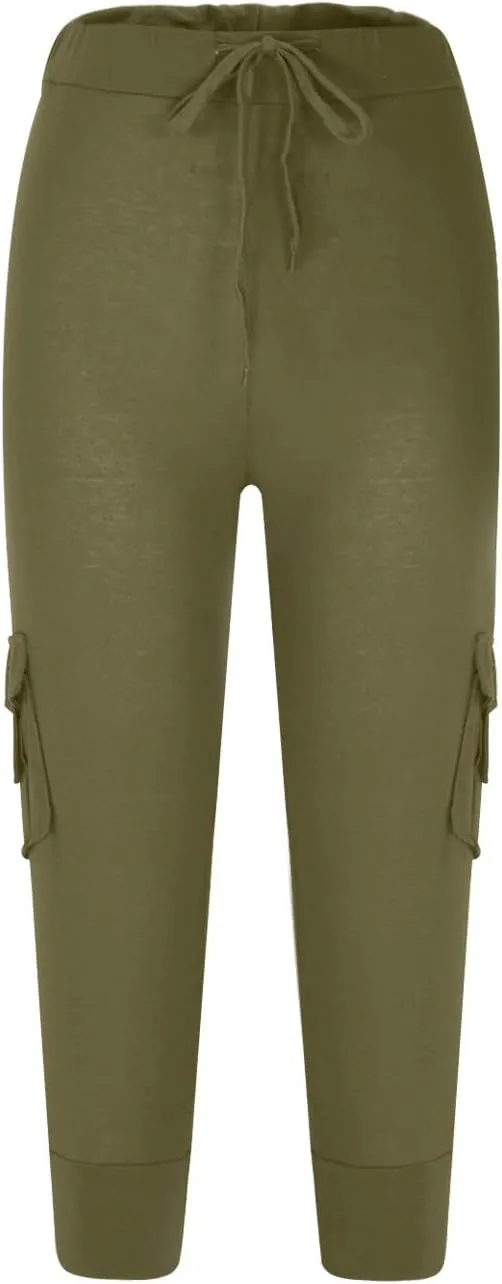 Wkishenl Capri Pants for Women Summer 2025 Drawstring Elastic High Waist Cargo Pants with Pockets Solid Color Button Joggers